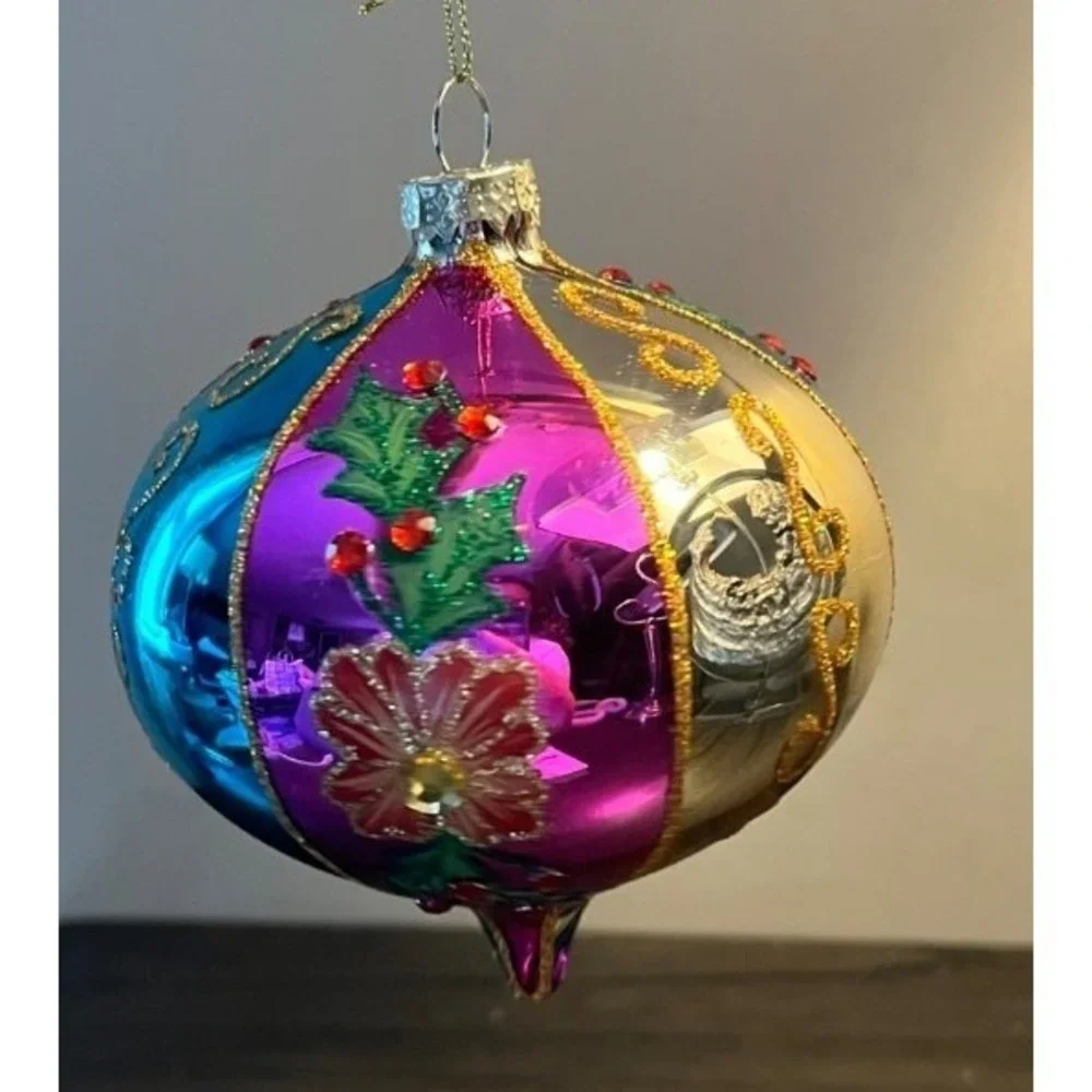 RAZ Imports Multicolor Reflector Glass Christmas Ornament Holly Floral 4.25